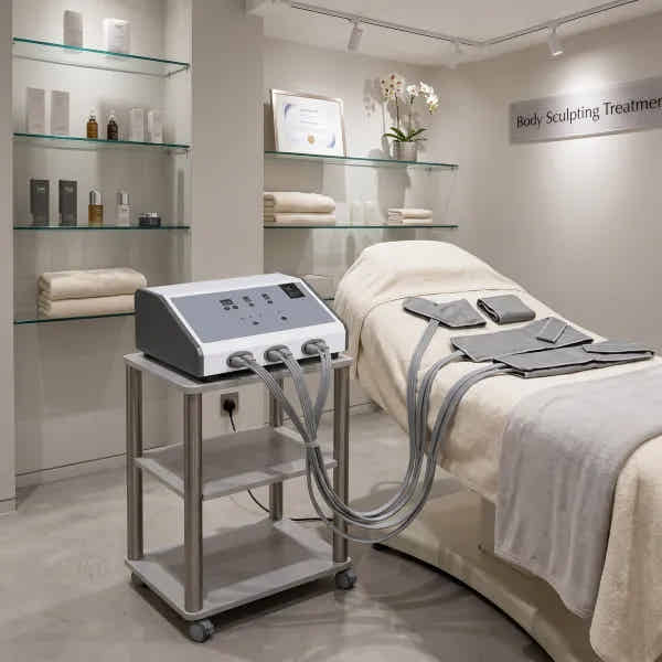 Pressotherapiegerät Profi F826.N mit 20 Kammern und Komplettanzug im Behandlungszimmer neben der Liege