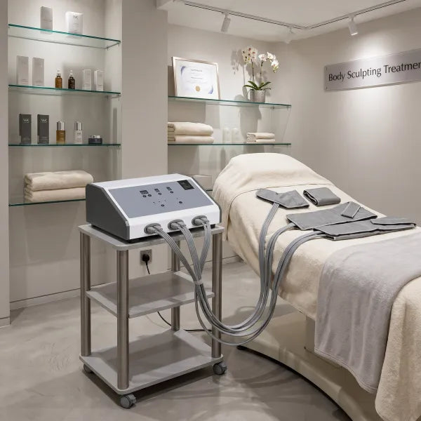 Pressotherapiegerät Profi F826.N mit 20 Kammern und Komplettanzug im Behandlungszimmer neben der Liege