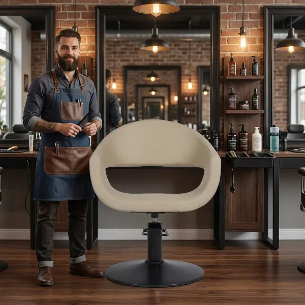 Friseurstuhl GLAM mit Premium-Hydraulik vor modernem Friseursalon-Arbeitsplatz.