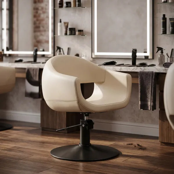 Friseurstuhl GLAM mit Premium-Hydraulik in modernem Salon, elegantes Design und hohem Komfort