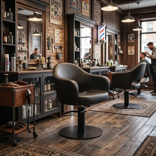 Friseurstuhl LIRA mit Hydraulik - ergonomisch, stabil und komfortabel in modernem Friseursalon.