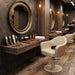 Friseurstuhl mit Hydraulik im stilvollen Salon, beige Leder, runde Spiegel und Holzoptik