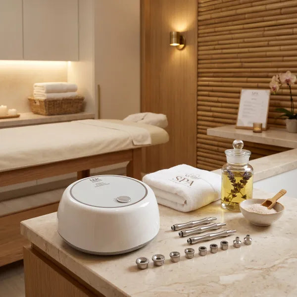 Mikrodermabrasationsgerät WKB017 – Profi Diamant Dermabrasion für Kosmetikstudio, Studio-Setup mit Zubehör.