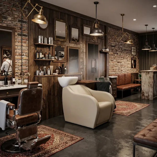 Friseur Waschbecken WISP POWER+ Beige – luxuriöses Friseurwaschbecken mit elektrischer Fußstütze im Salon