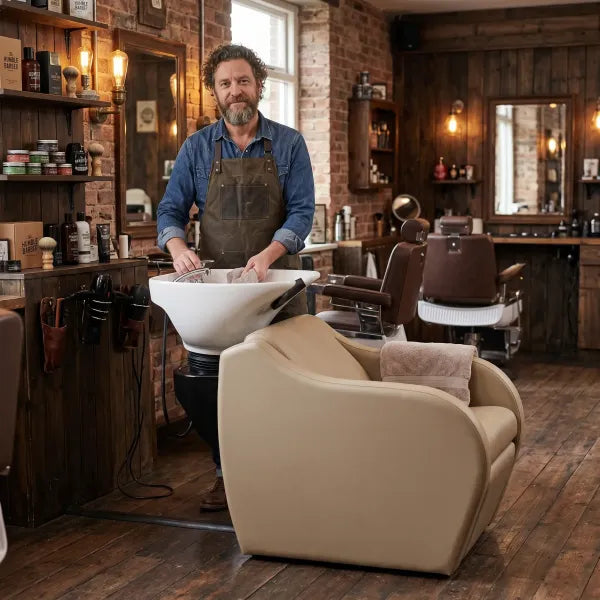 Friseur Waschbecken WISP POWER+ Beige – Friseurwaschbecken mit elektrischer Fußstütze im stilvollen Salon