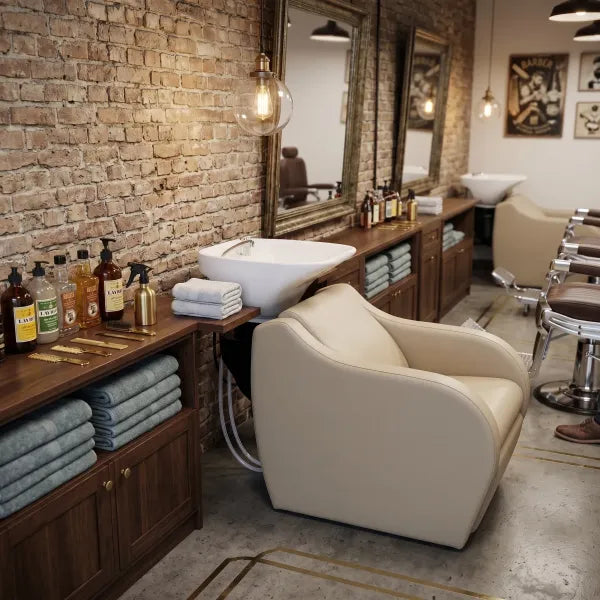 Friseur-Waschbecken WISP POWER+ Beige mit elektrischer Fußstütze im Salon
