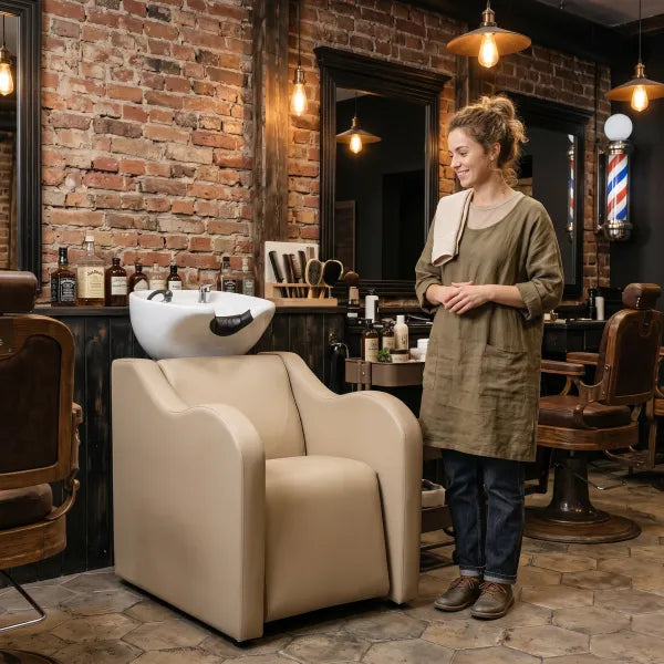 Beiges KALANI AIR Friseurwaschbecken mit Massagefunktion und elektrisch verstellbarer Fußstütze im Salon