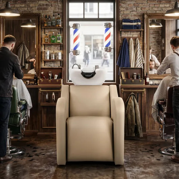 Friseur Waschbecken KALANI AIR Beige mit elektrisch verstellbarer Fußstütze und Massagefunktion im Barbershop