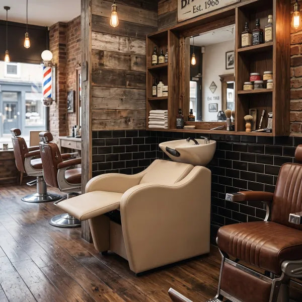 Beiges Friseurwaschbecken KALANI AIR mit Massagefunktion und elektrisch verstellbarer Fußstütze im Salon
