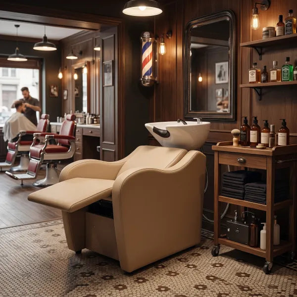 Beiges Friseur Waschbecken KALANI AIR mit Massagefunktion und elektrischer Fußstütze im Barbershop.