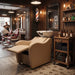 Beiges Friseur Waschbecken KALANI AIR mit Massagefunktion und elektrischer Fußstütze im Barbershop.
