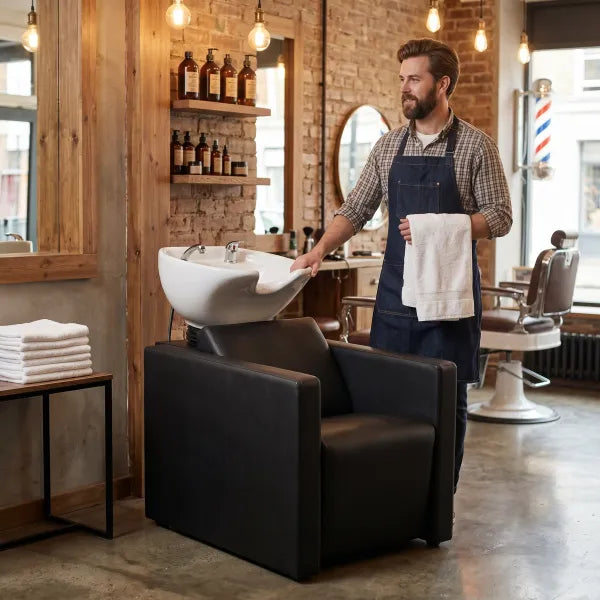 MUDI PEEK BLACK Friseurwaschbecken mit Kippwaschbecken im Friseursalon – ergonomisch, hochwertig.