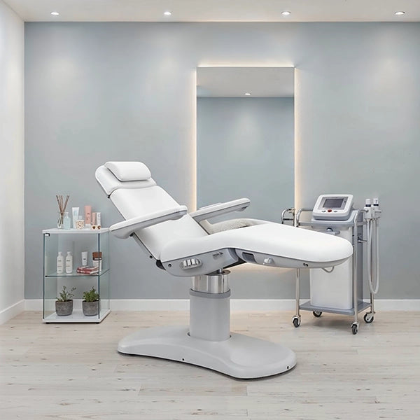 Elektrische Kosmetikliege mit 3 Motoren in Weiß Behandlungsliege Azur, ideal für Beauty- und Spa-Anwendungen.