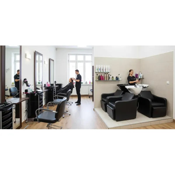 Friseur Waschbecken mit Fußstütze in Schwarz, Friseurwaschbecken Jord für höchsten Komfort im Friseursalon.