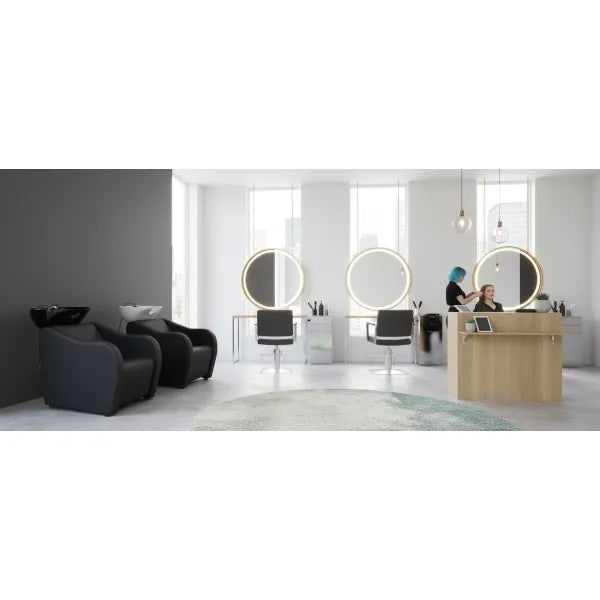 Friseur Waschbecken mit komfortablem Waschsessel in elegantem Schwarz, Friseurwaschbecken Velaris für modernen Salonkomfort.