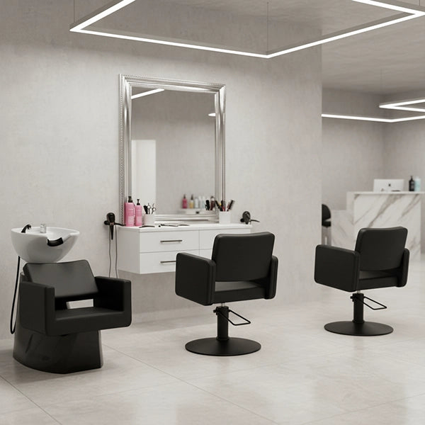 1x Friseur Waschbecken Knot Schwarz-Weiß und 3x Friseurstuhl Class R - Tiptop - Einrichtung