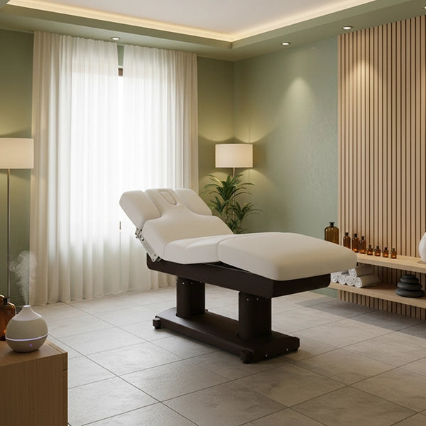 Elektrische Massageliege mit Heizfunktion: Vier Motoren, Höhen- und Neigungsregulierung, 13 cm PU-Polsterung weiß.