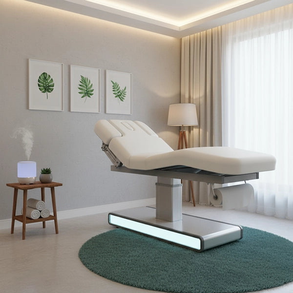 Elektrische Massageliege Moldavi, Weiß, drei Motoren, Matratze in drei Sektionen, PU-Bezug, LED-Lichtstreifen.