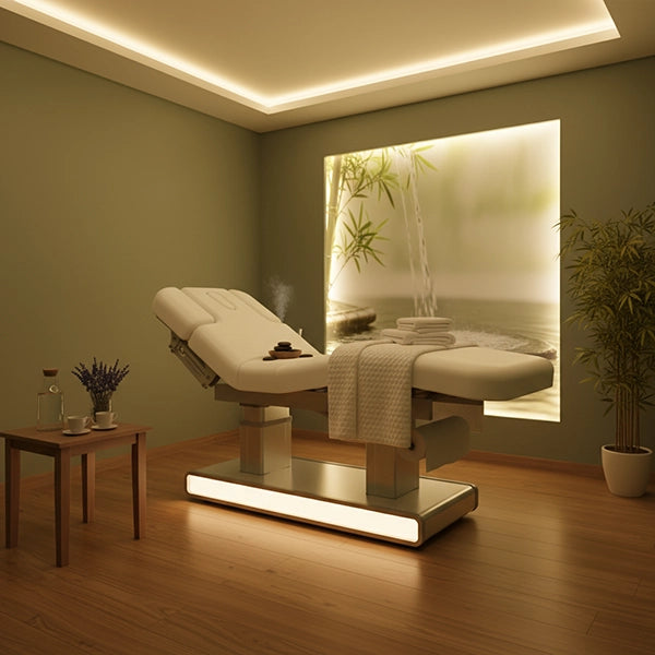 Elektrische Massageliege Moldavi Plus in Weiß mit Doppelständer LED-Untergestellbeleuchtung und verstellbarer Rückenlehne