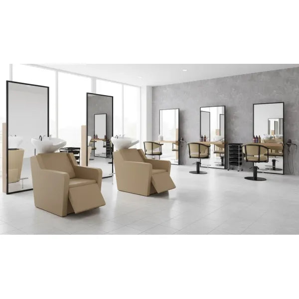 1x Friseur Waschbecken, elektrische Fußstütze Yannik - 3x Friseurstuhl Lyra BE BR - Tiptop - Einrichtung