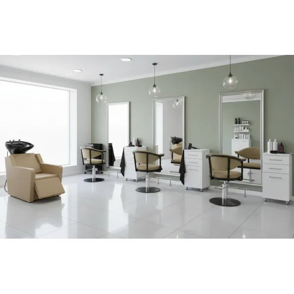 1x Friseur Waschbecken, elektrische Fußstütze Yannik - 3x Friseurstuhl Lyra BE BR - Tiptop - Einrichtung