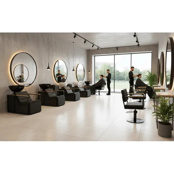 3x Friseurstuhl Ocean B BR - 1x Friseur Waschbecken, elektrische Fußstütze E-Basil B - Tiptop - Einrichtung