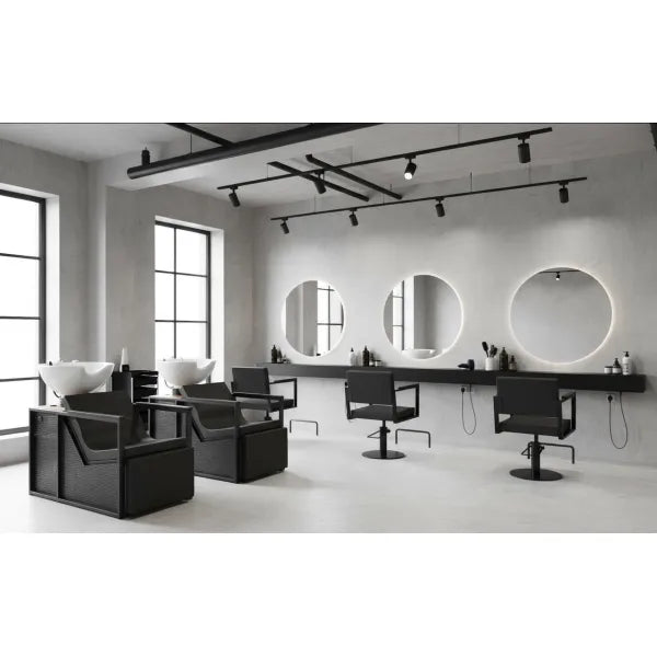 3x Friseurstuhl Ocean B BR U in Schwarz - 1x Friseur Waschbecken, elektrische Fußstütze E-Basil B W U in Schwarz - Tiptop - Einrichtung