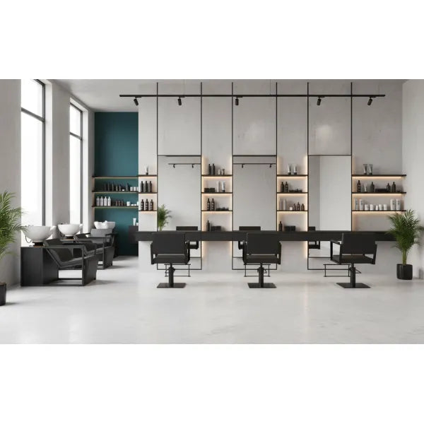 3x Friseurstuhl Ocean B BR U in Schwarz mit 1x Friseur Waschbecken Basil B W U in Schwarz - Tiptop - Einrichtung