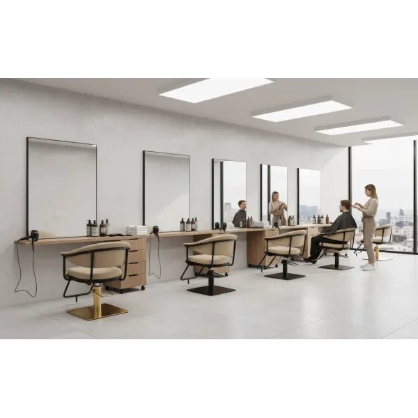 1x Friseur Waschbecken mit elektrischer Fußstütze Yannik und 3x Friseurstuhl Lyra BE BS - Tiptop - Einrichtung