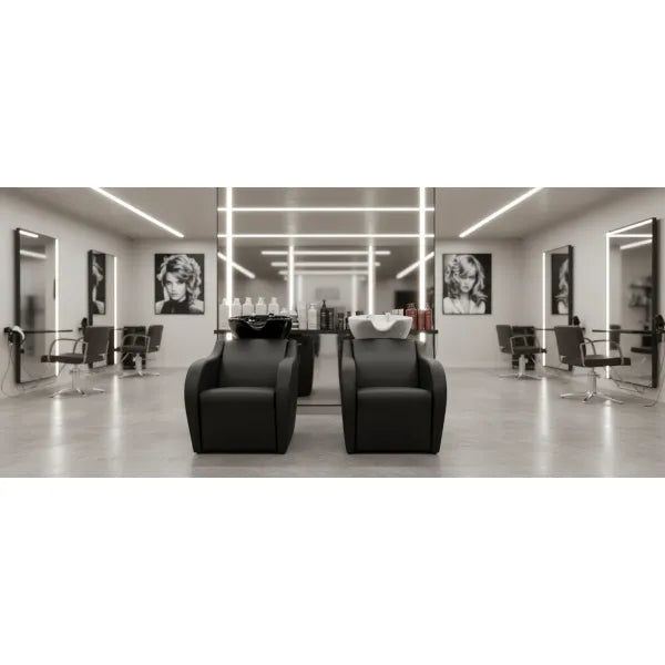 Friseur Waschbecken in Schwarz, Friseurwaschbecken Wisp Power mit ergonomischem Design und hochwertiger Mischbatterie.