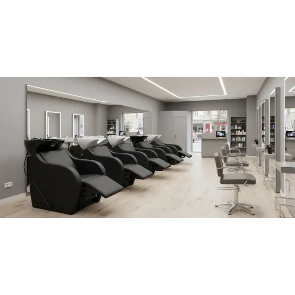 Friseur Waschbecken mit manueller Fußstütze in Schwarz, Friseurwaschbecken Wisp-Plus für optimalen Komfort und Ergonomie.