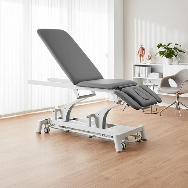 Therapieliege Titan-304F elektrisch mit 1 Motor, Behandlungsliege in Grau, mit verstellbarer Höhe, Kopfstütze und Armlehnen.