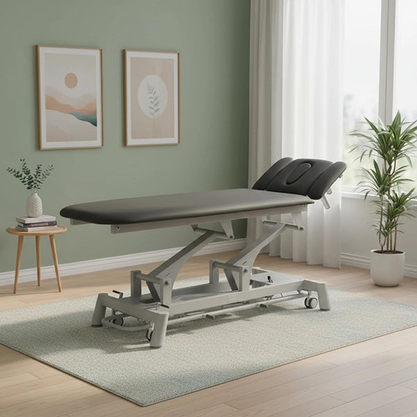 Therapieliege Titan-308 elektrisch mit 1 Motor, Behandlungsliege in Grau mit verstellbarer Höhe, Kopfstütze und Armlehnen für Physiotherapie.