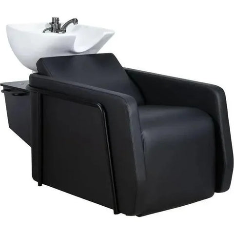 Ergonomisches schwarzes Friseurwaschbecken mit weißem Rückwärtssink und Motorsteuerung für maximalen Komfort.