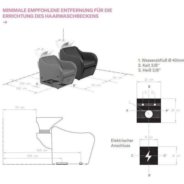 Friseursalon Set: 3x Schwarze Mop Stühle & 1x Ergonomisches Waschbecken Metri mit elektrischer Fußstütze - Tiptop - Einrichtung