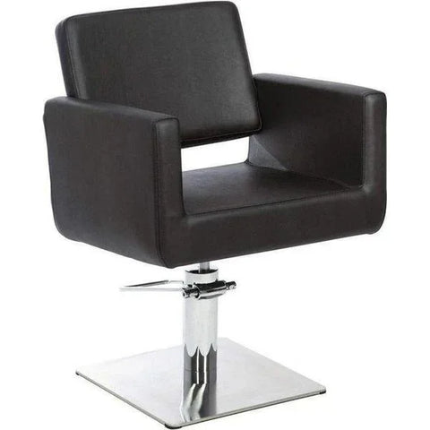 Friseurstuhl Zopf in Schwarz, eleganter Profi-Stylingstuhl mit robuster Edelstahl-Basis und einteiligem Sitzdesign.