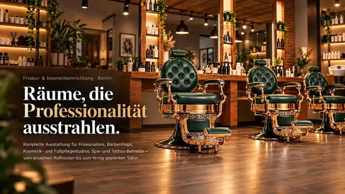 Friseur- und Kosmetikeinrichtung mit grünen Barberstühlen und Salonprodukten