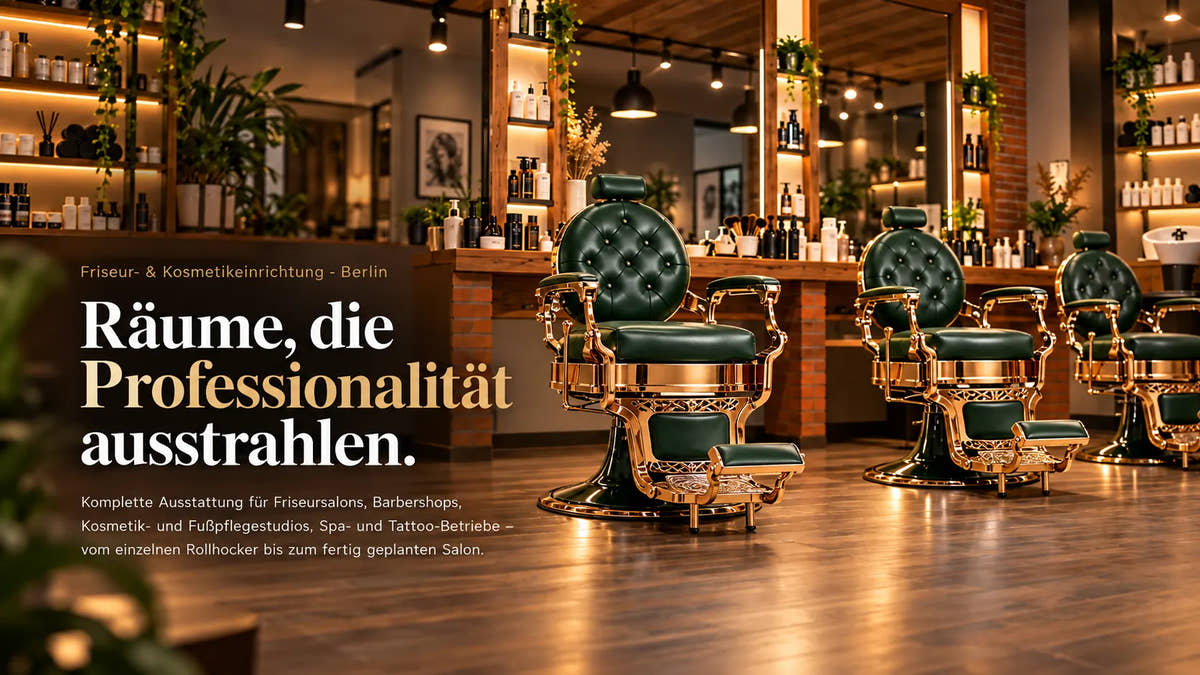 Friseur- und Kosmetikeinrichtung mit grünen Barberstühlen und Salonprodukten