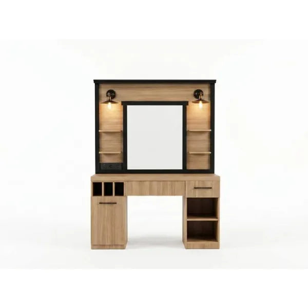 Friseurkonsole mit Spiegel, integrierten Lampen und Stauraum im ländlichen Design für den professionellen Salonbereich.