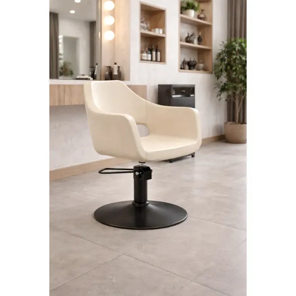 Friseurstuhl Whim R mit schwarzem runden Fuß – eleganter, luxuriöser Salonstuhl