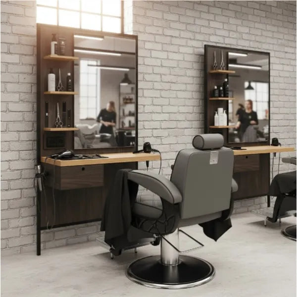 1x Barber stuhl Hugo in Grau - 1x Friseur Bedienplatz Logan-B mit Beleuchtung - Tiptop - Einrichtung