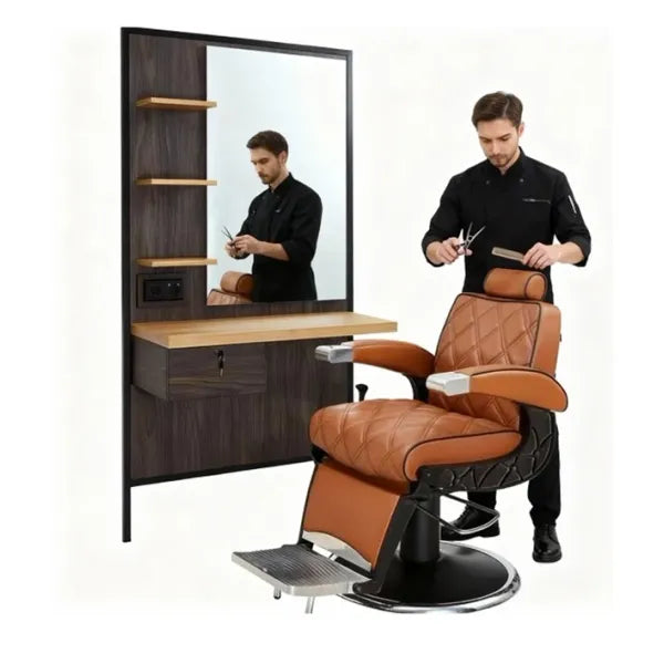 1x Barber stuhl Hugo in Braun - 1x Friseur Bedienplatz Logan-B - Tiptop - Einrichtung