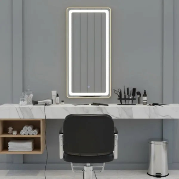 3er-Pack Friseur Bedienplatz Set mit mit Dimmer, LED-Beleuchtung, Friseurarbeitsplatz Lush in Gold mit variabler Farbtemperatur
