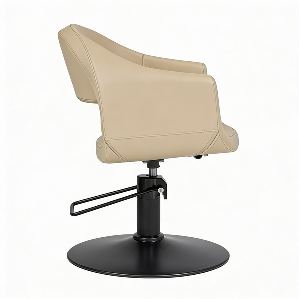 Friseurstuhl GLAM in Beige mit Premium-Hydraulik, modernes Design, hoher Sitzkomfort, Langlebigkeit.