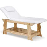Massageliege Olga, Behandlungsliege hellem Massivholzsockel, Wellnessliege spa