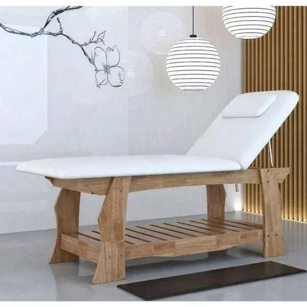 Massageliege Olga, Behandlungsliege hellem Massivholzsockel, Wellnessliege spa