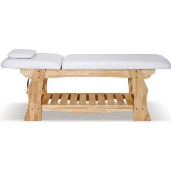 Massageliege Olga, Behandlungsliege hellem Massivholzsockel, Wellnessliege spa