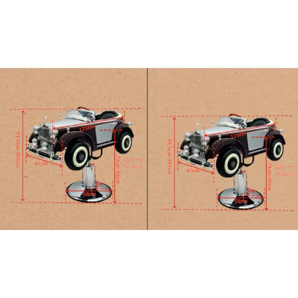 Pair of kids' Shelby car barber chairs with lights and sound, hydraulically height-adjustable.