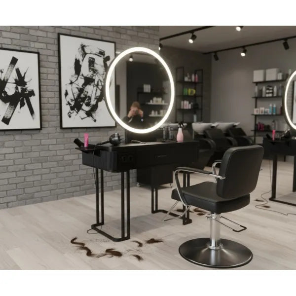 Friseurbedienplatz Nicole mit LED-Rundspiegel, freistehend, schwarzer MDF-Schrank, Werkzeughalter, Steckdosen.