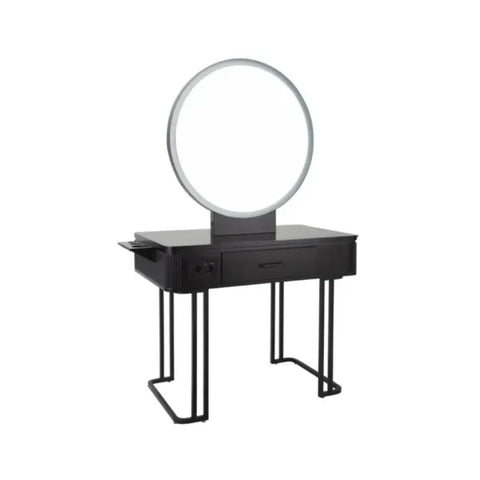 Friseurbedienplatz Nicole mit LED-Spiegel, freistehender Styling-Arbeitsplatz, schwarzer Tisch mit Rundspiegel.